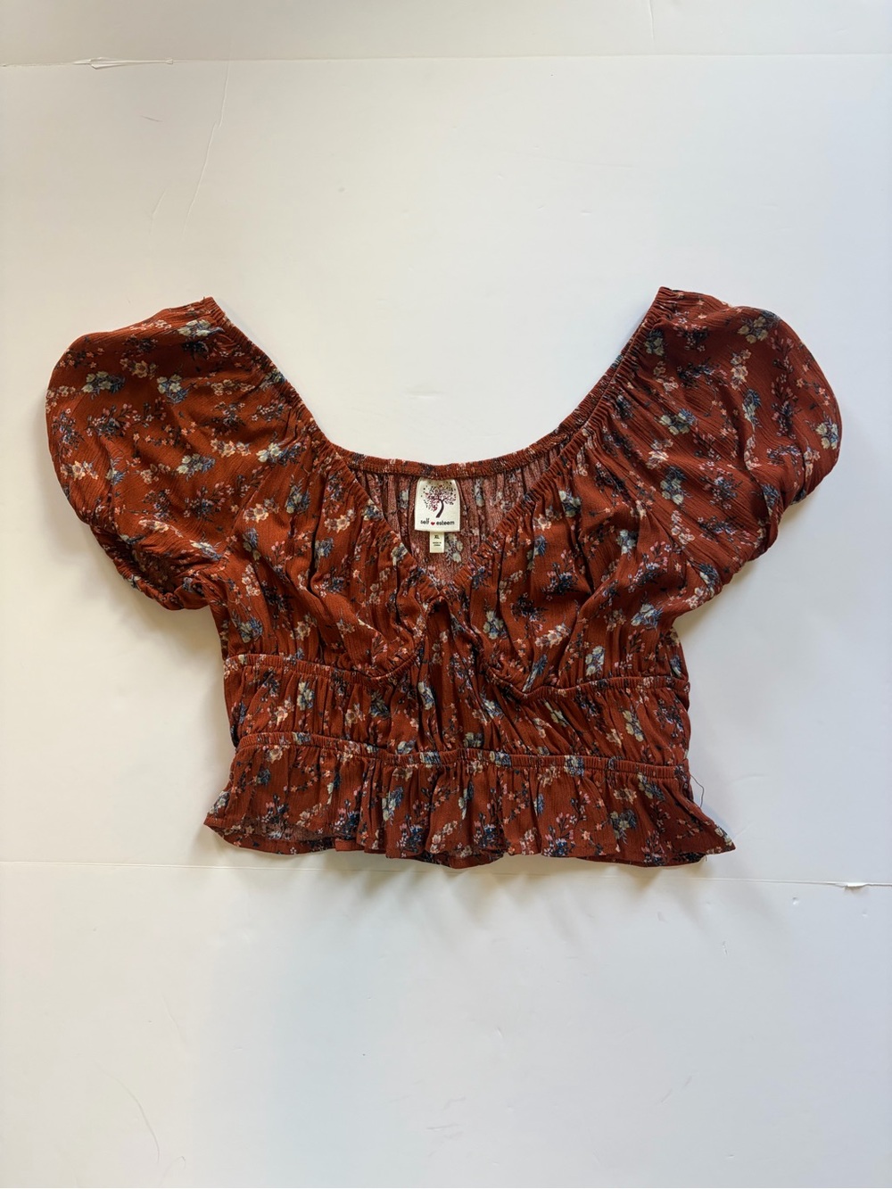 Self Esteem Rust Floral Puff-Sleeve Crop Top Size XL